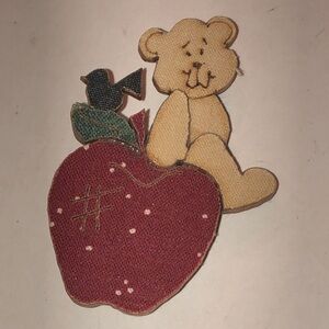 Cute Bear and Apple Fabric Vintage Brooch Pin